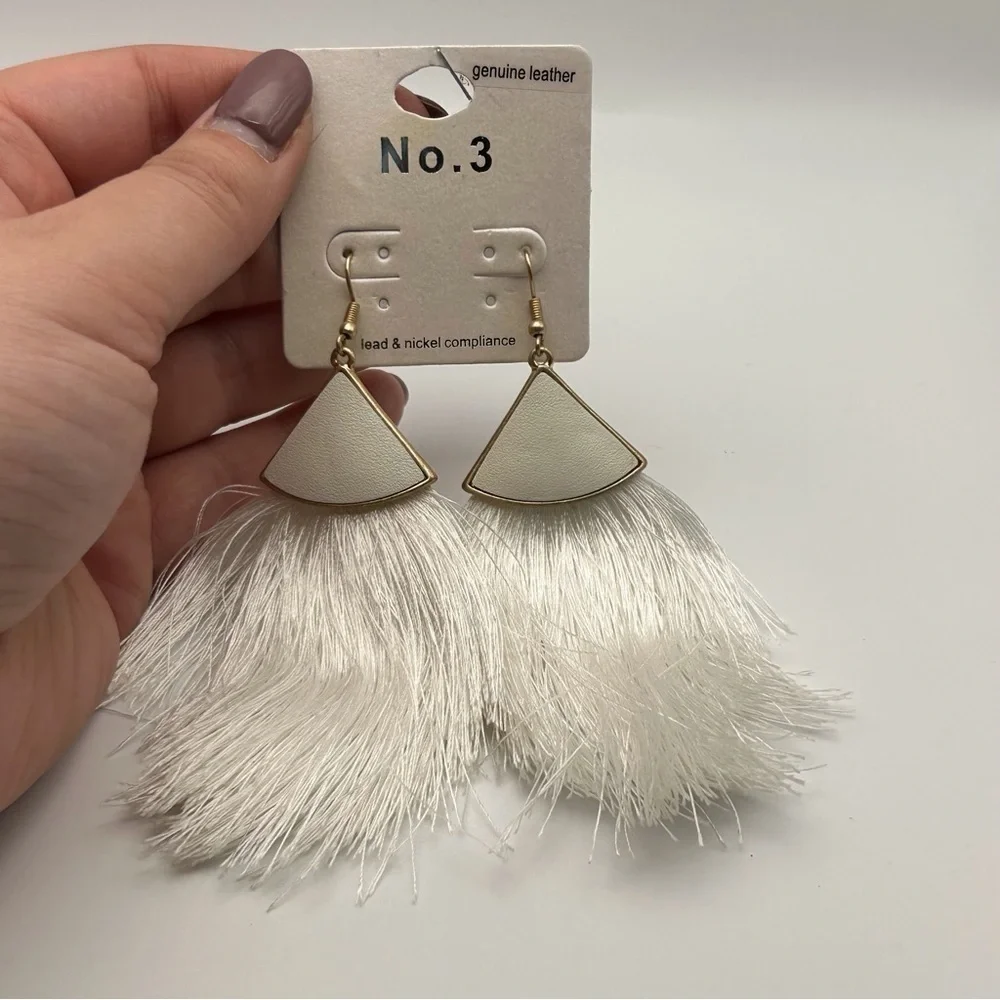 No. 3 White Genuine Leather Dangle Large Tassel Earrings Gold Tone Hook